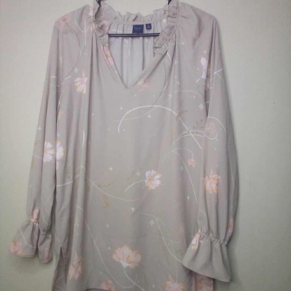 Kaari Blue Shirt Blouse L Long Sleeve Ruffle V-Neck Floral Tan Pink